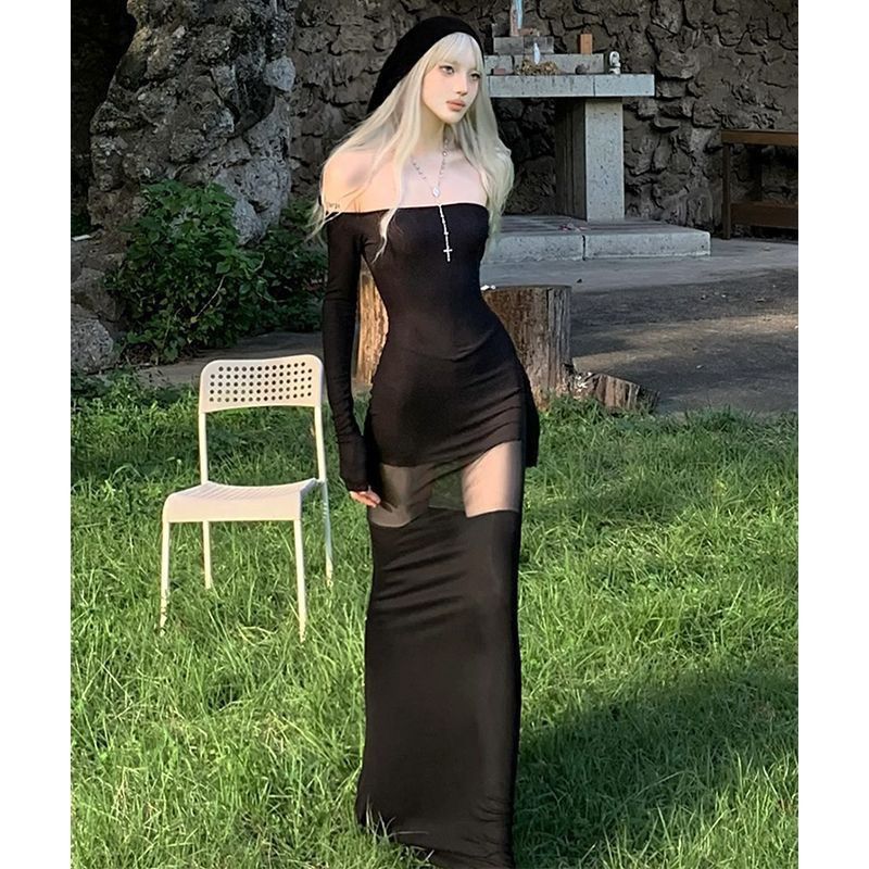性感抹胸黑色赫本风一字