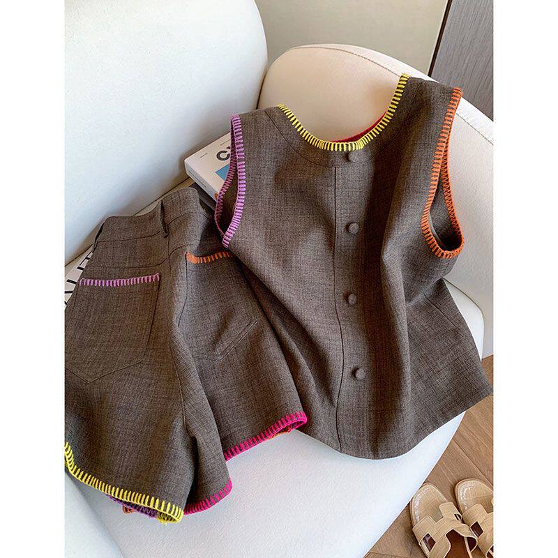 小香风撞色无袖背心马甲套装2024女夏季新复古气质短裤两件套