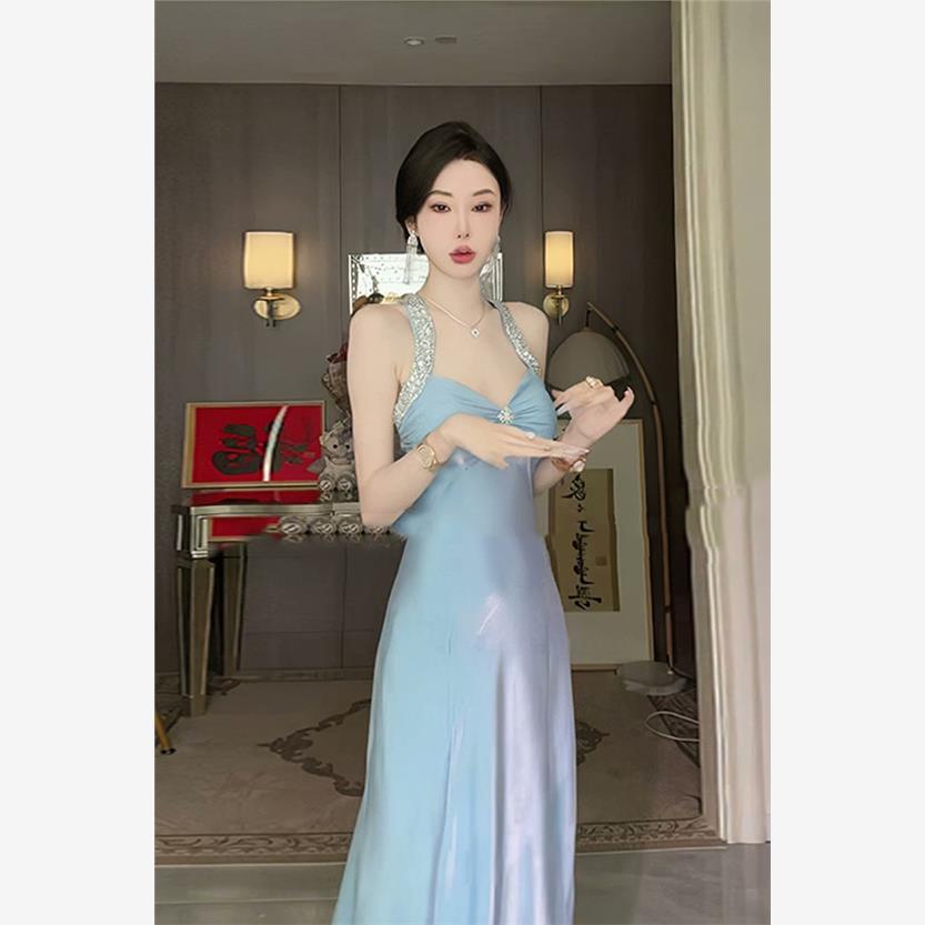 时尚法式蓝色收腰吊带性