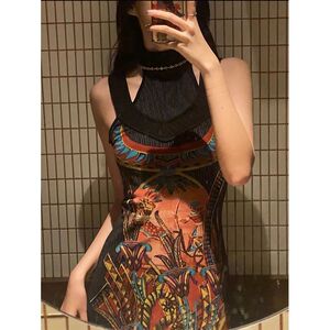 中古黑色挂脖油画复古连衣裙显瘦修身美式辣妹连衣裙