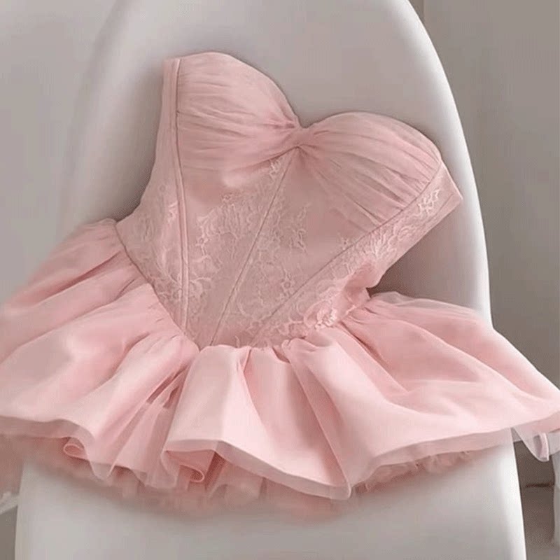 粉色甜美风抹胸连衣裙女夏季新款高级感洋气减龄收腰显瘦蓬蓬裙子