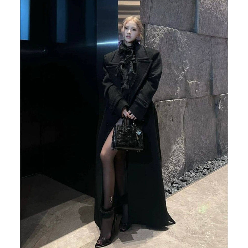 2024年酷飒廓形外套女长款毛呢大衣冬季西装系带加厚外套
