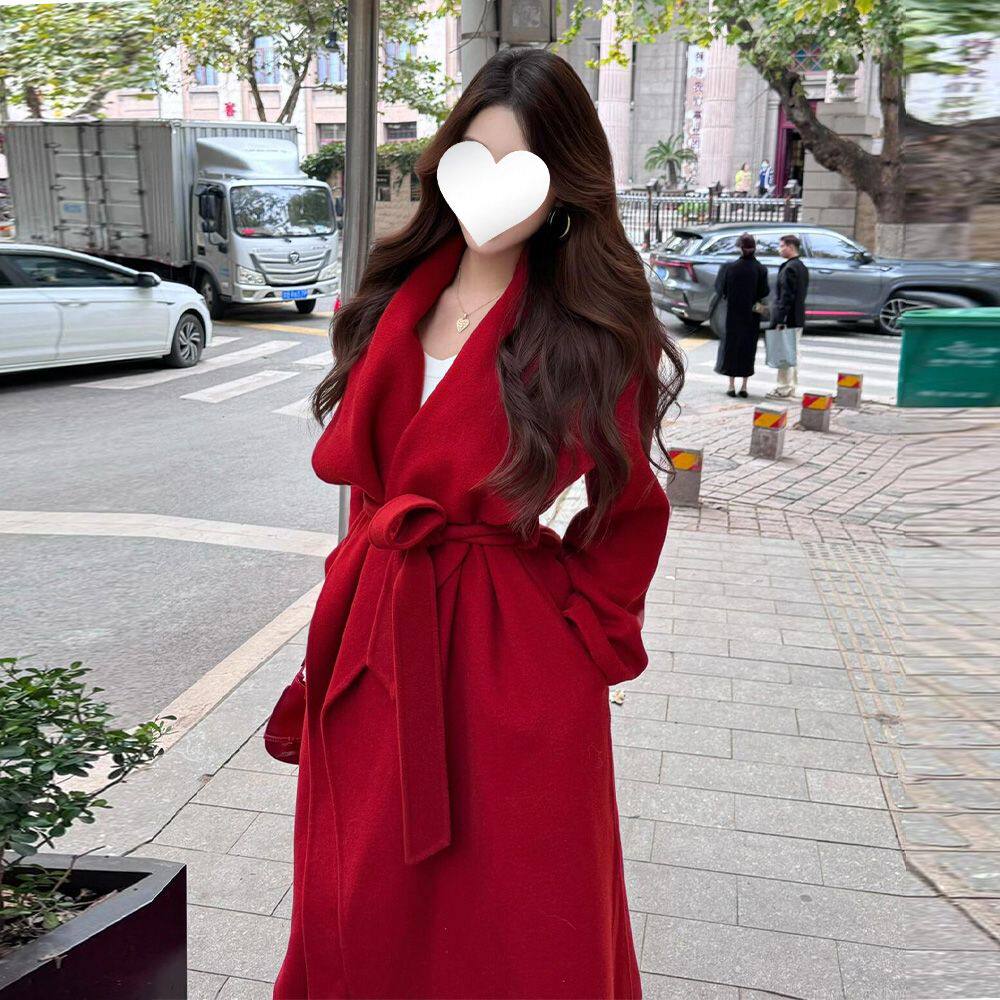 新年穿搭战袍复古红色毛呢高级感中长款大衣外套女装