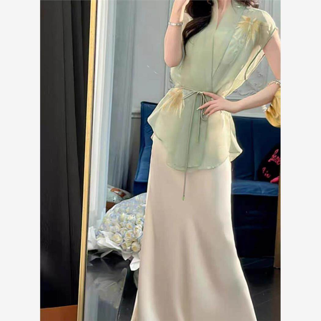 夏装搭配一整套御姐气质女神范高端新中式国风绿色上衣半身裙套装