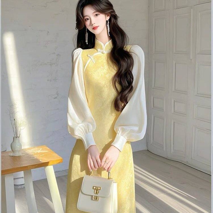 新中式黄色提花连衣裙女