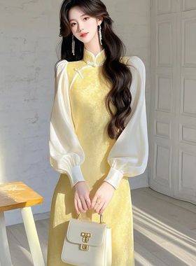 新中式黄色提花连衣裙女富家千金高级感超好看漂亮独特长裙2025春