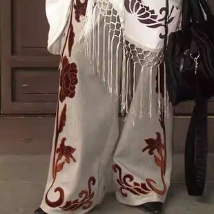设计师手绘花卉刺绣 新中式挺括感阔裤腿