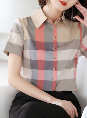 衬衣女款短袖小个子修身显瘦复古英伦风格子收腰衬衫女设计感小众