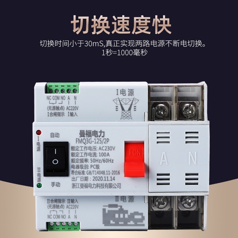 双电源自动转换开关100A 2Pw不间断PC级单相220V定时切换不断电AT