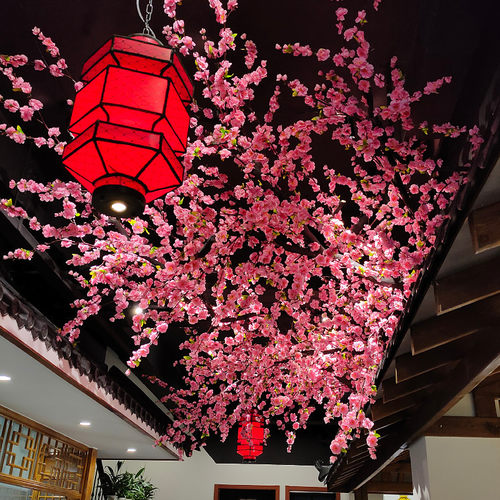 新品仿真桃花樱花枝商场火锅奶茶饭店假树室内屋顶T吊顶遮挡挂件