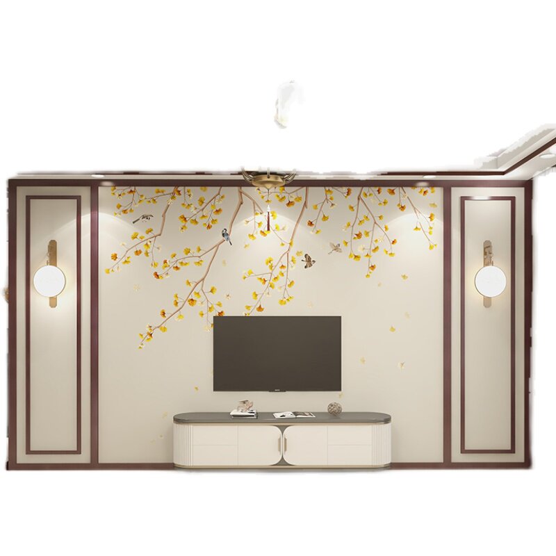 新品电视墙背景墙壁纸p新中式花鸟影视墙壁画大气客厅壁布装饰墙