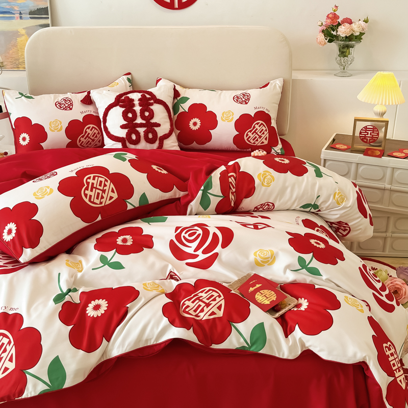 极速结婚红花四件套婚庆亲肤婚y房喜被磨毛床单大红色婚礼被套床