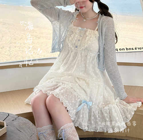 现货-海岛记忆-原创纯棉夏日小白裙海边小个子纯欲风碎花裙