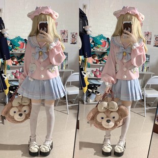 现货-小羊乐园-jk幼稚园粉蓝色软妹套装春秋长袖小个子穿搭