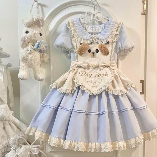 再贩-小狗厨师员-原创小个子可爱奶蓝色Lolita围裙女仆lo套装