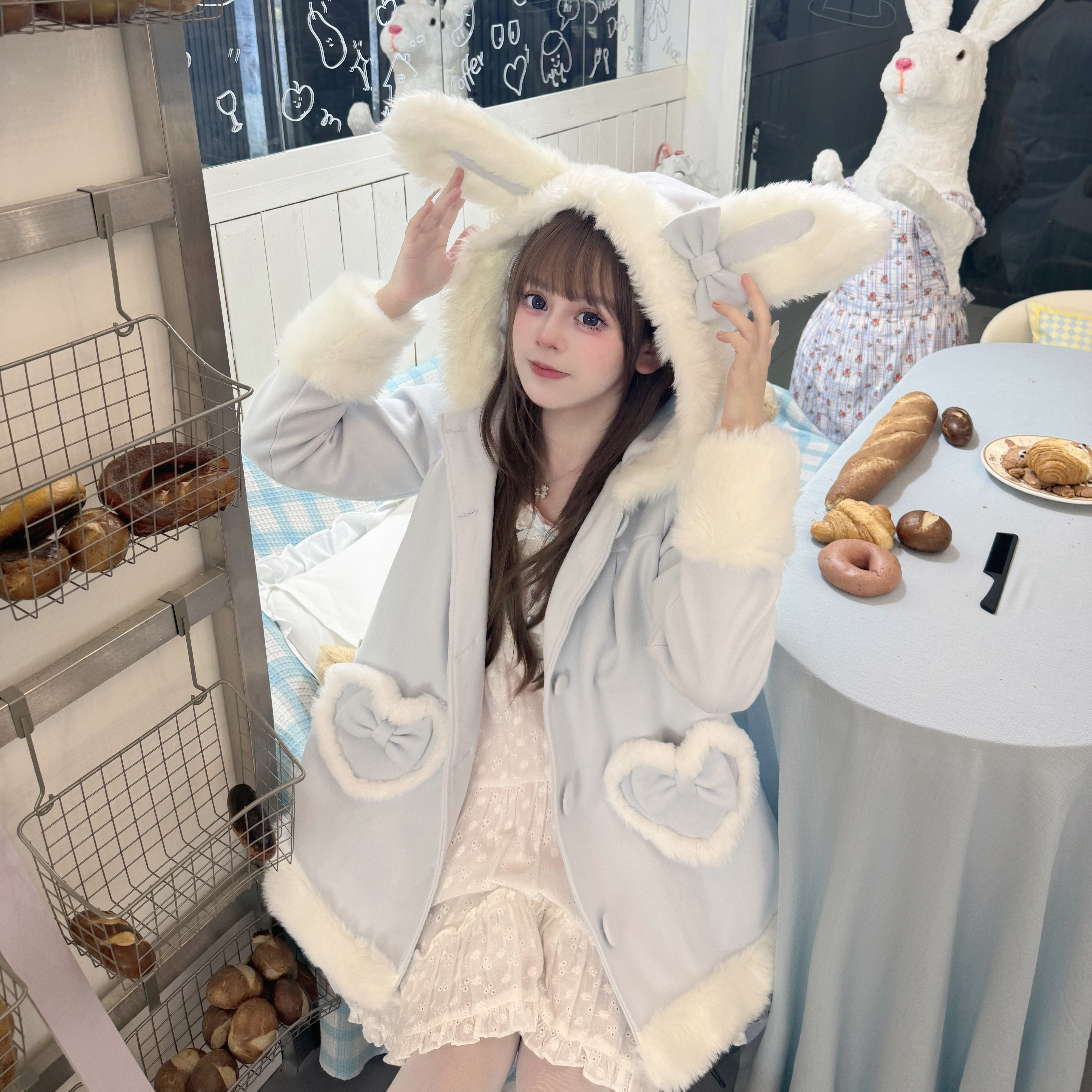 25年现货-奶油兔兔原创小个子毛呢兔耳大衣 质感软妹lolita外套