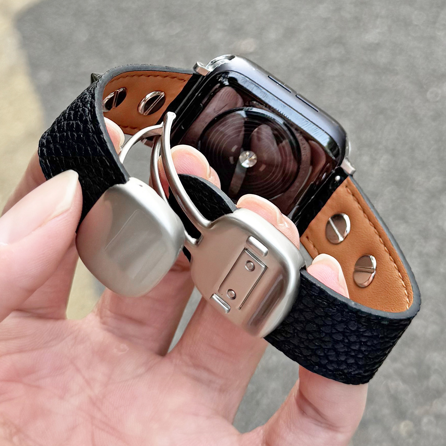 壳里斯iwatch表带荔枝纹皮质铆钉折叠磁吸扣S11星光色S9适用S10苹果applewatch华为GT6手表FIT4红米5小米9pro