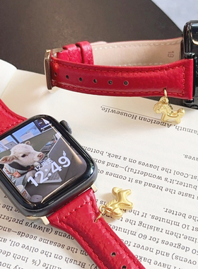 壳里斯iwatch表带S11马年新年红色皮革细款小蛮腰吊坠适用S10苹果华为GT6手表FIT4红米5小米9pro小众高级感SE