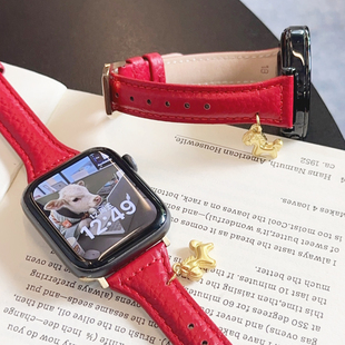 壳里斯iwatch表带S11马年新年红色皮革细款小蛮腰吊坠适用S10苹果华为GT6手表FIT4红米5小米9pro小众高级感SE