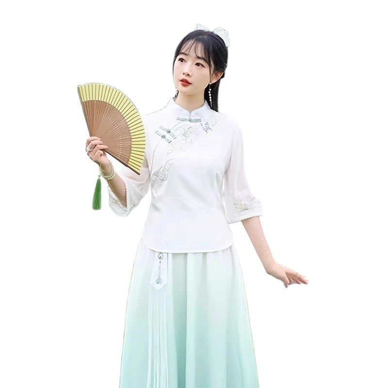 新中式民国风日常汉服套装少女学生改良旗袍上衣半身裙两件套茶服,女装/女士精品,汉服半身裙,淘宝优惠券,粉丝福利购,淘宝优惠卷