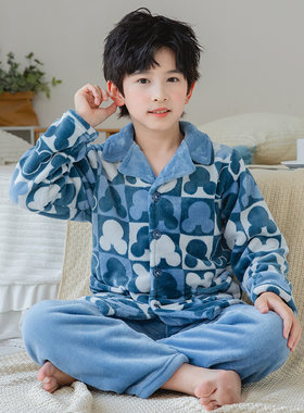 儿童法兰绒睡衣男童秋季加厚发热衣裤男孩珊瑚绒宝宝家居服女童