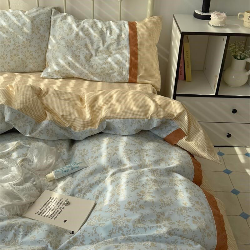 梨梦 北茉 复古碎花花边纯棉四件套全棉床单被套床裙床笠床上用品