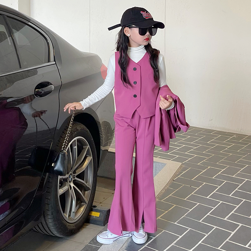 女童西装套装2023新款儿童洋气时髦中大童外套裤子两件套春秋装潮