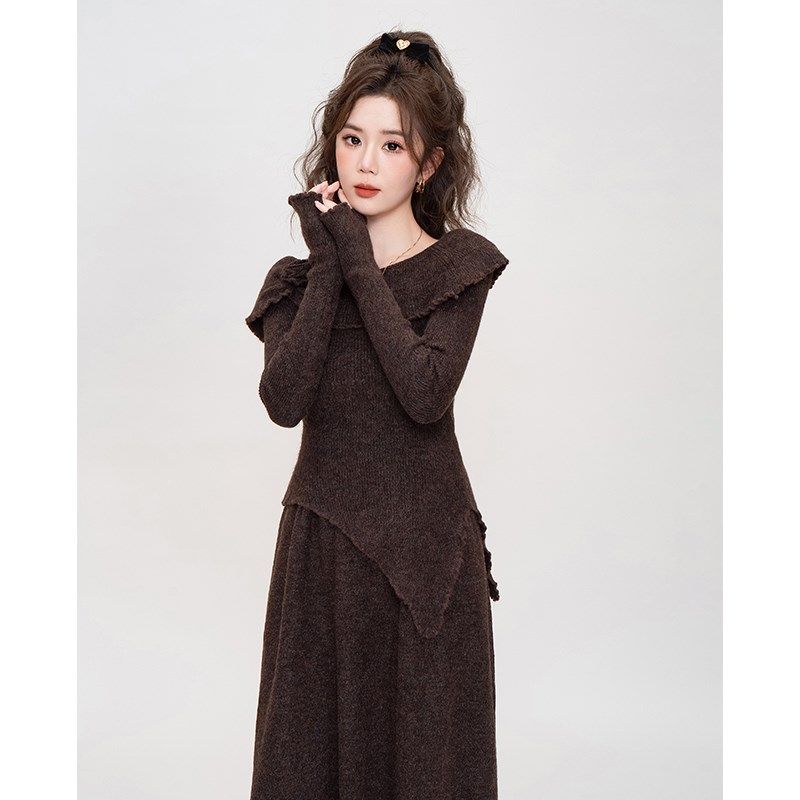 法式复古长袖打底针织衫高腰半身裙女套装春装修身气质穿搭一整套