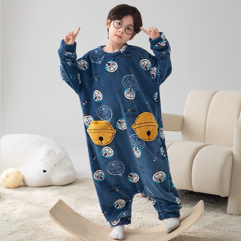 男童连体睡衣秋冬款儿童法兰绒加厚男孩珊瑚绒睡袋宝宝防踢被爬服