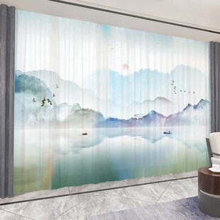 水墨山水画纱帘透光不透人风景荷花禅意布帘客厅办公室新中式窗帘