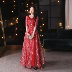 红色星空大合唱演出服女长裙主持人歌唱祖国独唱表演舞台指挥礼服