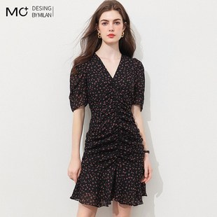 收腰小个子中长款 2025夏季 气质短袖 碎花裙法式 雪纺连衣裙女 新款