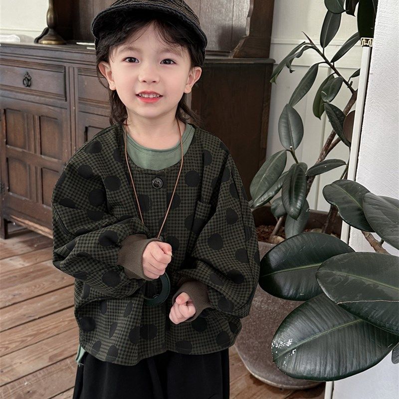 暮晨家新款秋装2024男童圆领波点长袖衬衫中小童森系洋气外套夹克