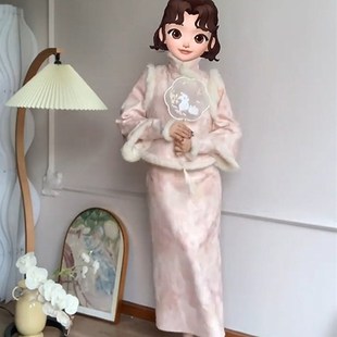 大码高级感新中式国风改良旗袍立领连衣裙胖mm马甲女秋冬复古套装