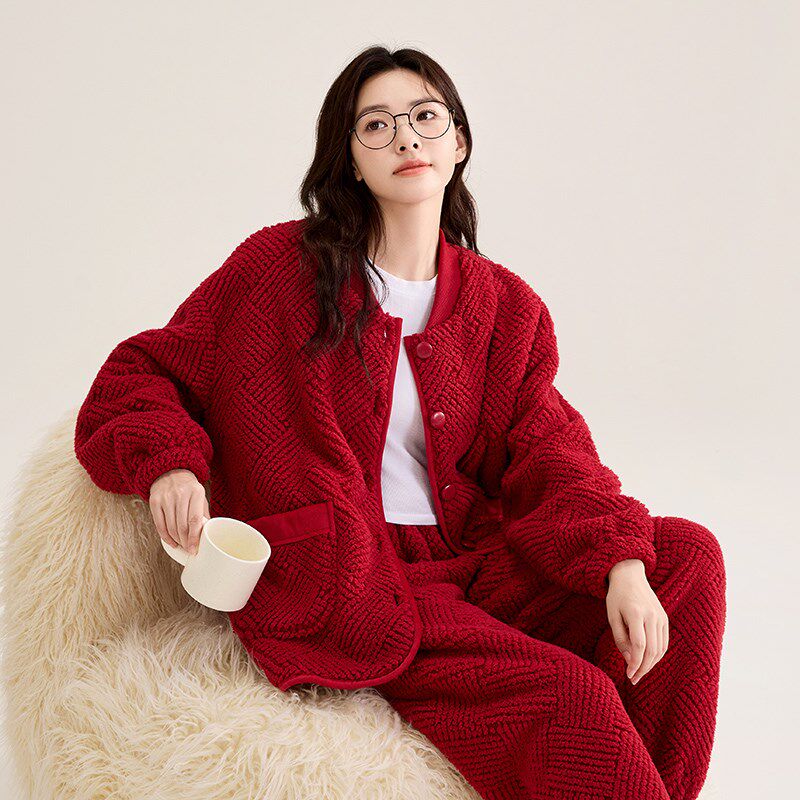 玛伦萨红色暖绒睡衣女士本命年女款加厚加绒结婚保暖家居服套装