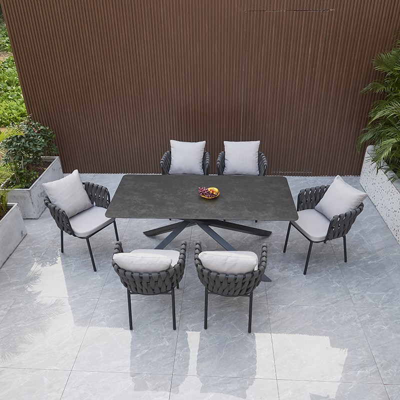 北欧户外餐桌椅组合露台花园庭院别墅民宿岩板休闲烧烤藤编茶桌椅