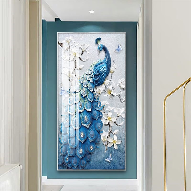 北欧风格玄关背景墙装饰画富贵孔雀入户走廊过道墙上挂画轻奢壁画图片