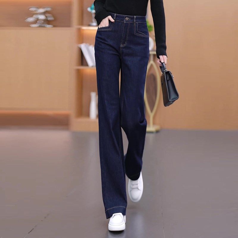 深蓝色直筒加绒牛仔裤女秋冬加厚2024年新款高腰窄版阔腿女裤冬季