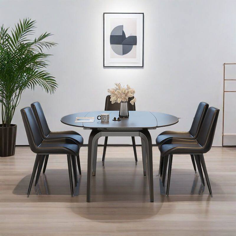 纯黑岩板餐桌椅组合简约现代小户型可伸缩家用经济型圆形吃饭桌子