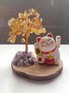 招财猫2025新款天然水晶粉晶黄水晶发财树招财猫家居开业桌面摆饰