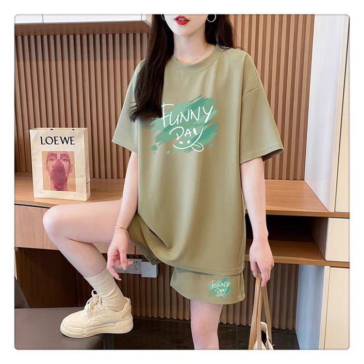 夏季字母短袖套装女2025新款爆款宽松显瘦休闲运动短裤两件套大码