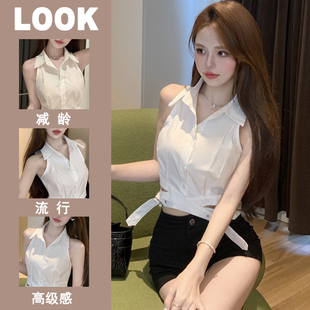 设计感纯欲风性感POLO领别致上衣服 甜辣妹衬衫 无袖 背心女夏装 修身