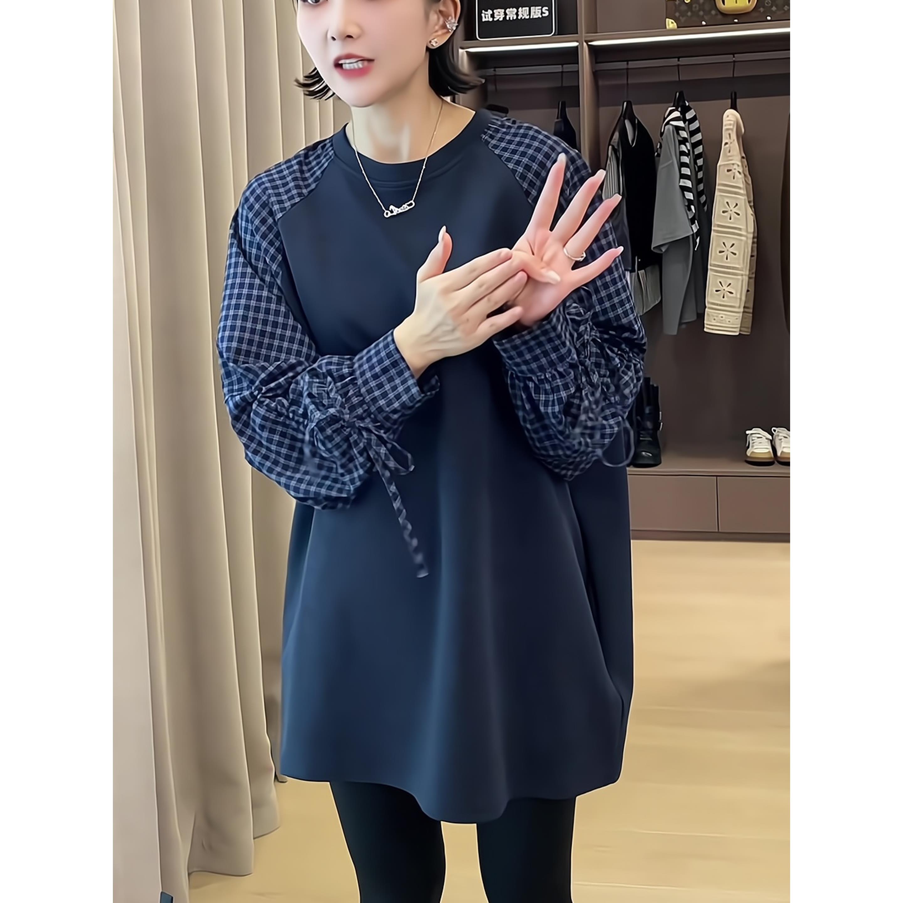 中长款格子拼接撞色假两件长袖衬衫女秋宽松遮肉显瘦小众T恤上衣