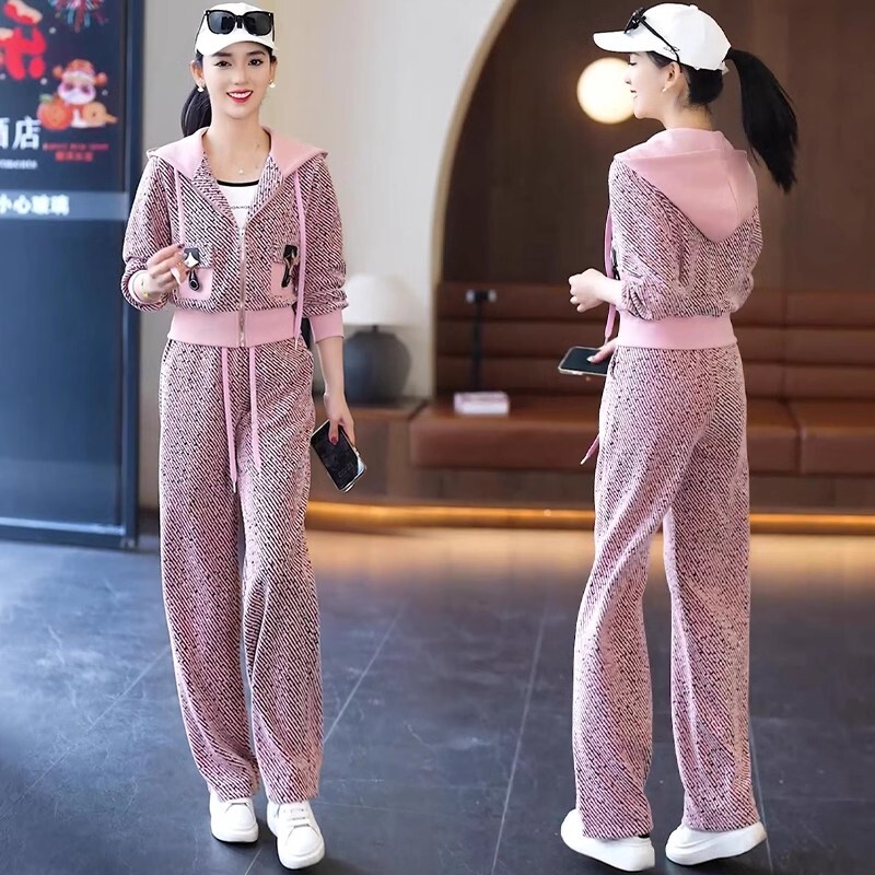 小香风时尚休闲运动服套装女士2025春季新款连帽外套阔腿裤两件套