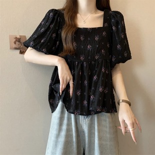 遮肚子荷叶边上衣服衬衣 甜美正肩方领雪纺碎花短袖 衬衫 女夏季 大码