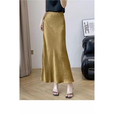 流金岁月国风压花缎面侧开叉半身裙高腰中长款小个子新中式半裙