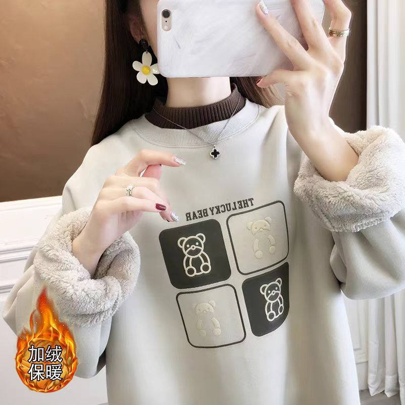 卫衣女加绒冬新款时尚半高领方块小熊印花洋气学生假两件保暖上衣