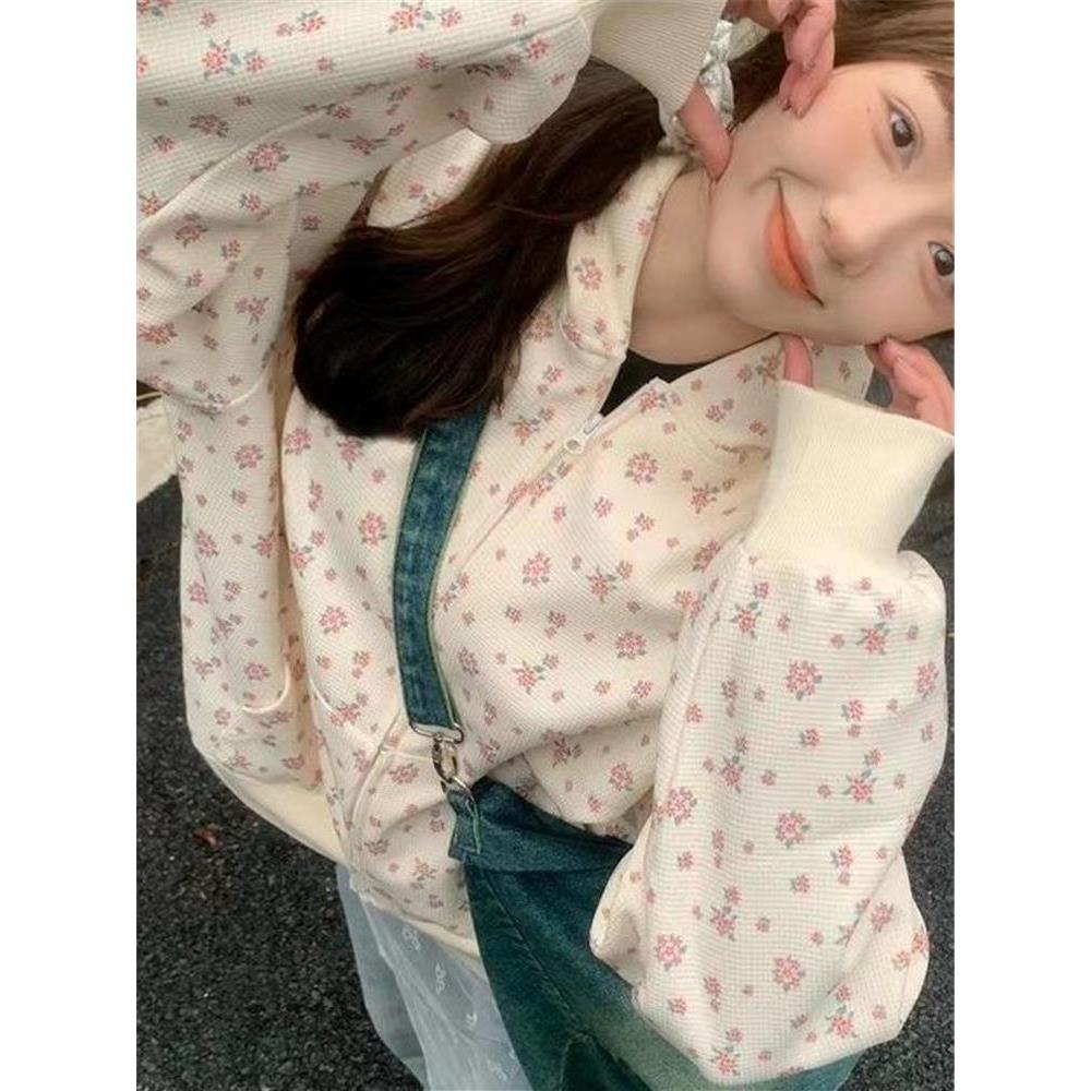 洋气慵懒小碎花刺绣连帽拉链卫衣女装秋季2025新款运动开衫短外套