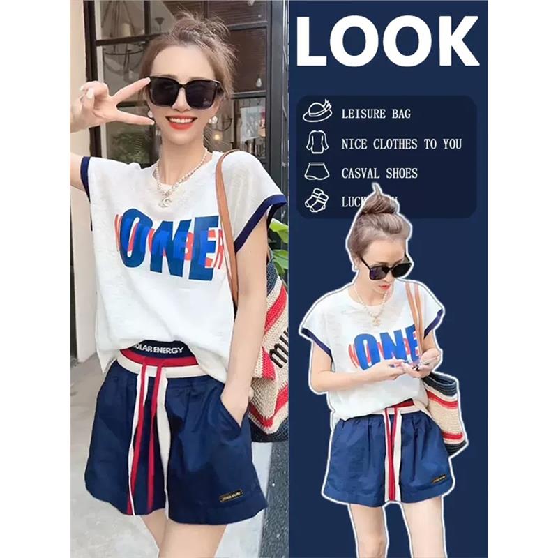 运动服套装女夏2025新款宽松韩版时髦百搭字母短袖t恤短裤两件套