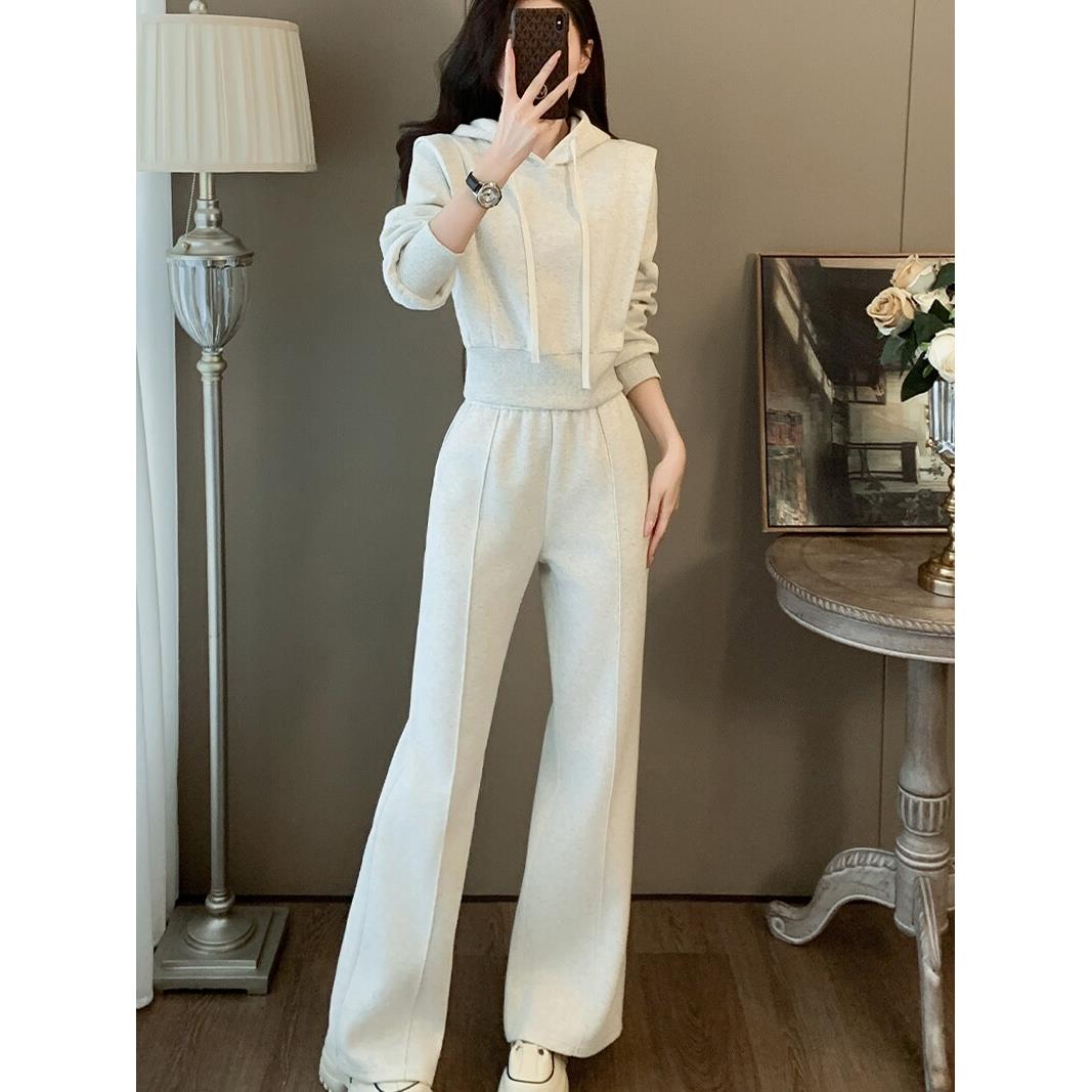 运动套装女2025春秋冬灰色卫衣连帽外套一整套休闲阔腿卫裤两件套